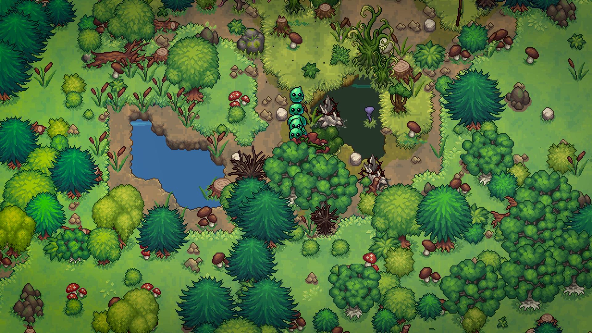 A slime colony exploring a lush wetland.