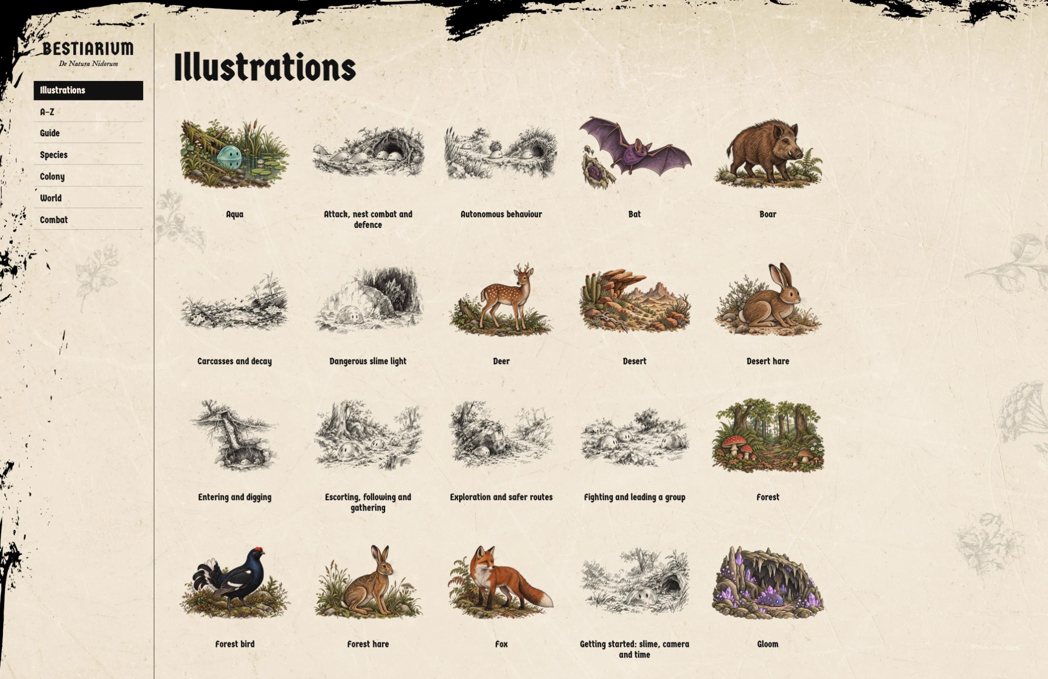 The Nest Rivals Bestiarium illustration gallery, with slimes, wildlife and habitats arranged on parchment with English captions.