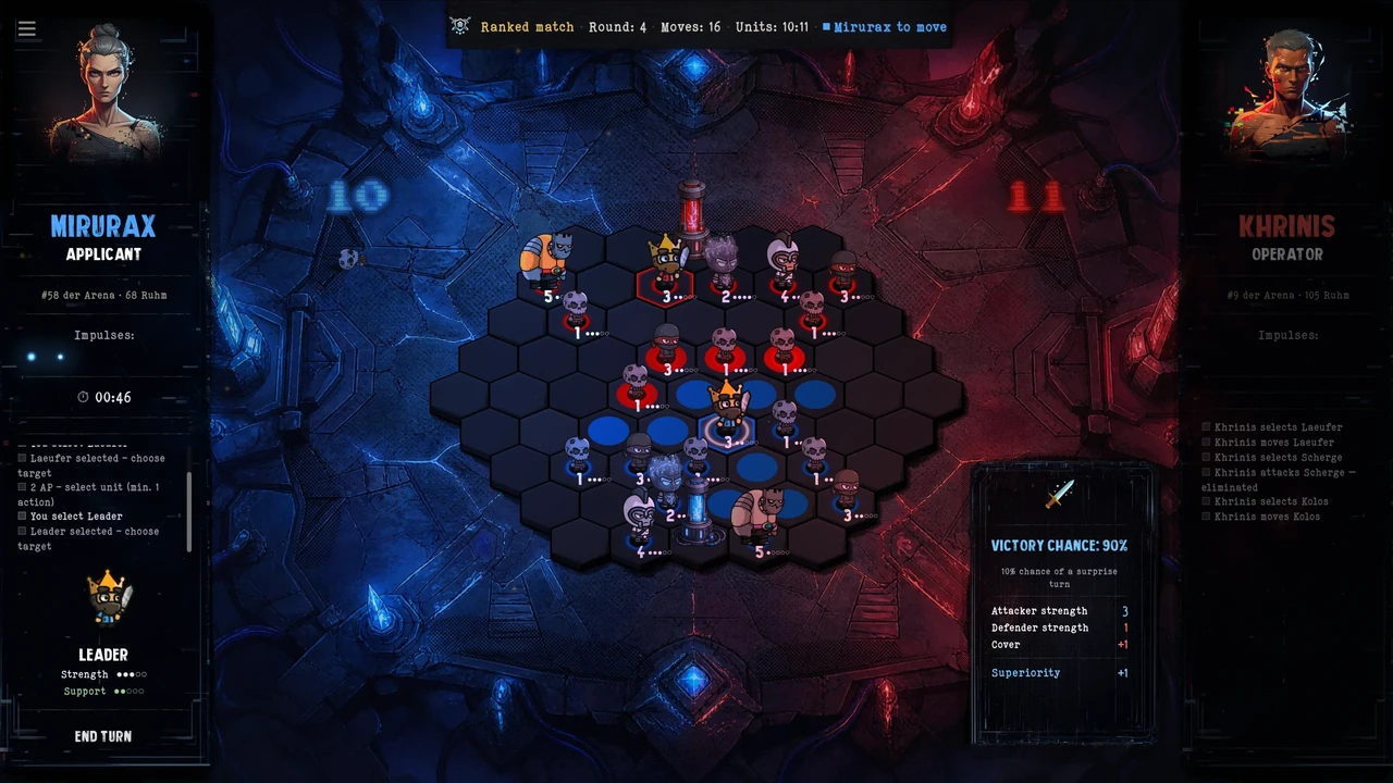 A tactical match on the hexagonal battlefield in Beyond the Fracture.