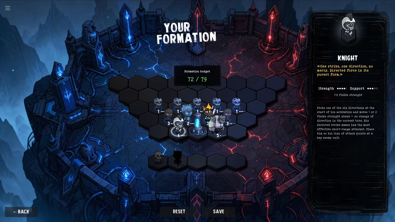 The formation editor with units arranged on a hexagonal board and a unit budget.