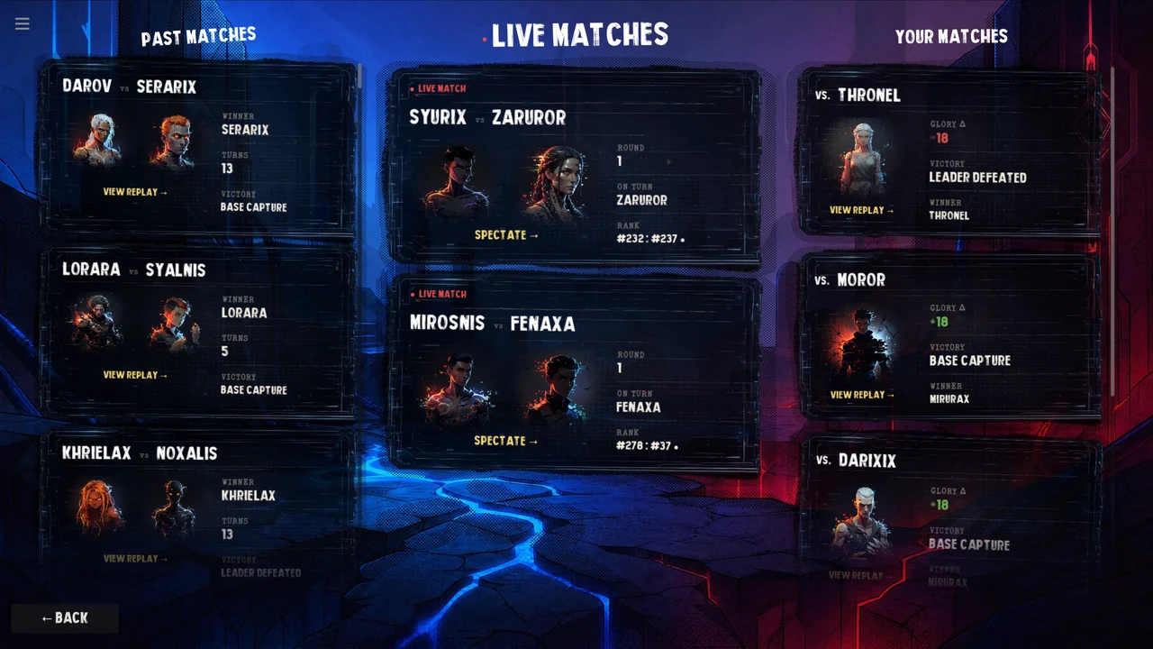 The match browser showing live and past matches in Beyond the Fracture.
