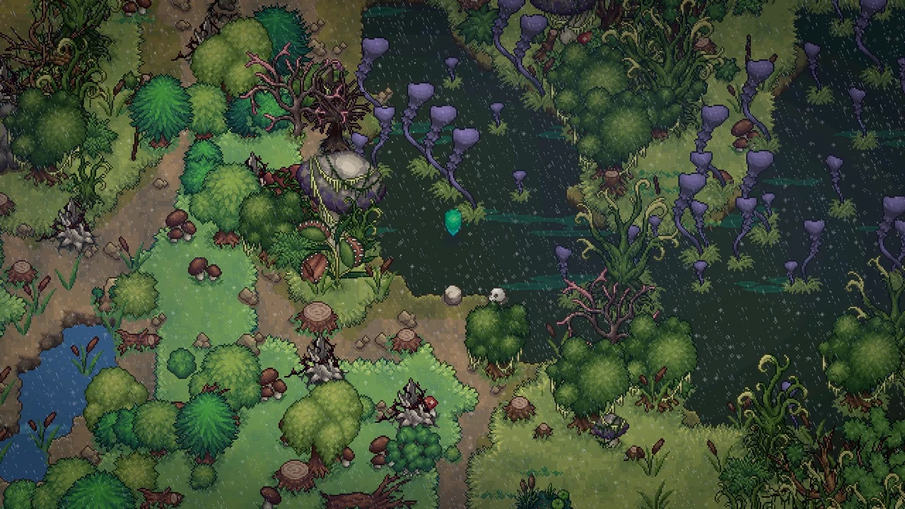 Slimes gathering among trees and mushrooms in a dense pixel-art landscape.