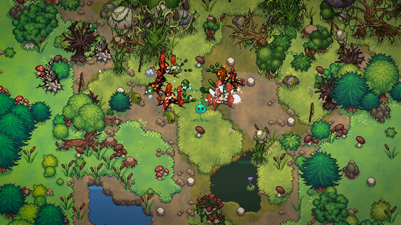 Rival slime colonies meeting in combat among trees and water.