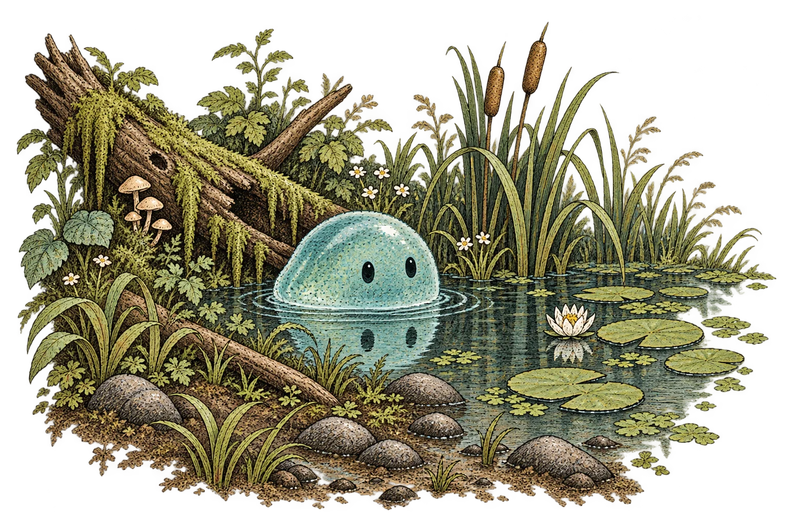 Habitat plate: an Aqua among reeds, water lilies and a mossy trunk, reflected in shallow water