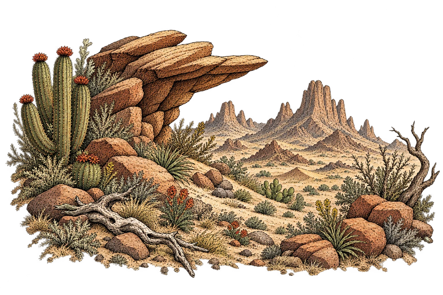 Desert plate with sunlit rocky ridges, dry grass and an open sandy path