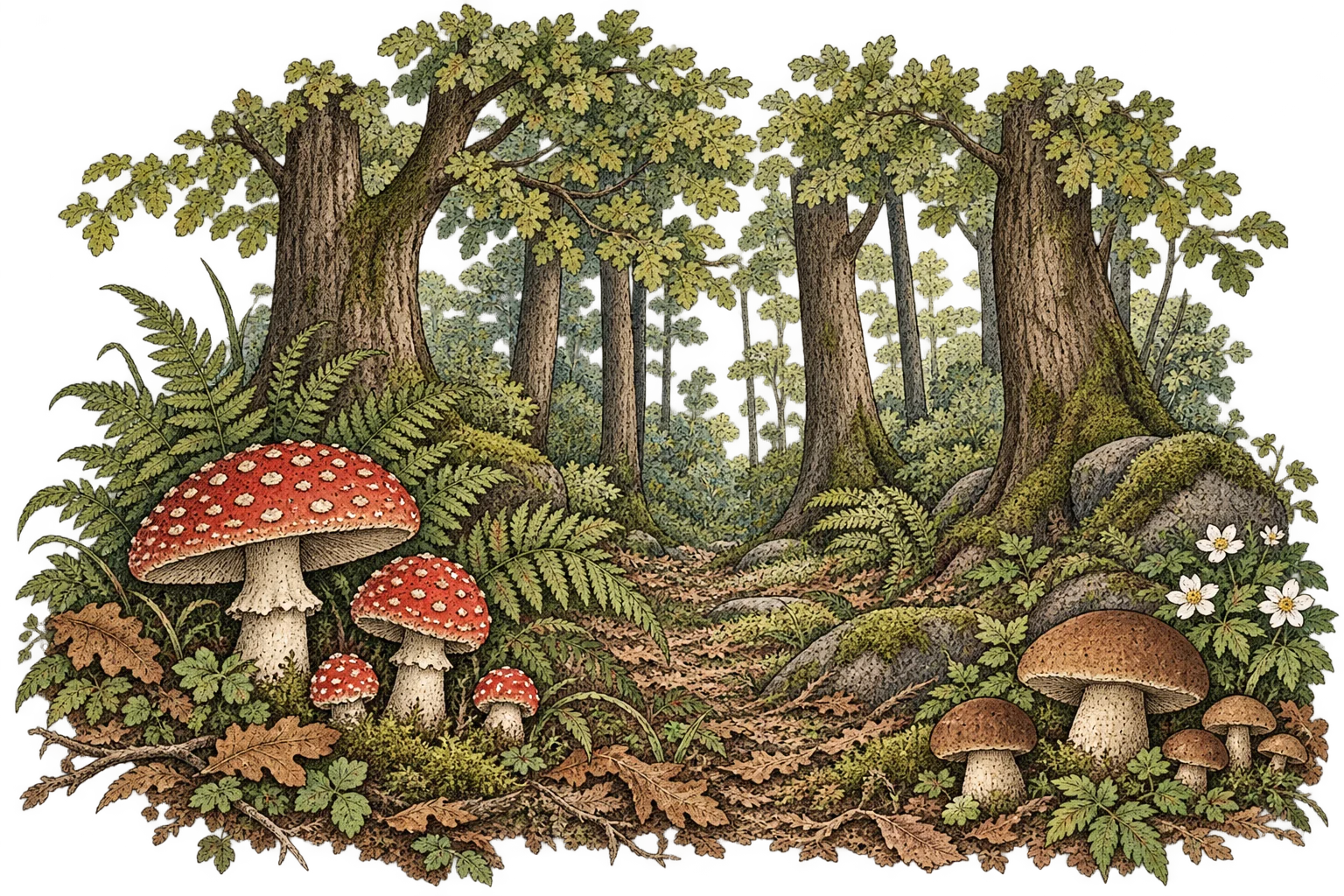 Leafy forest with tall trees, ferns and clusters of red and brown mushrooms on the woodland floor