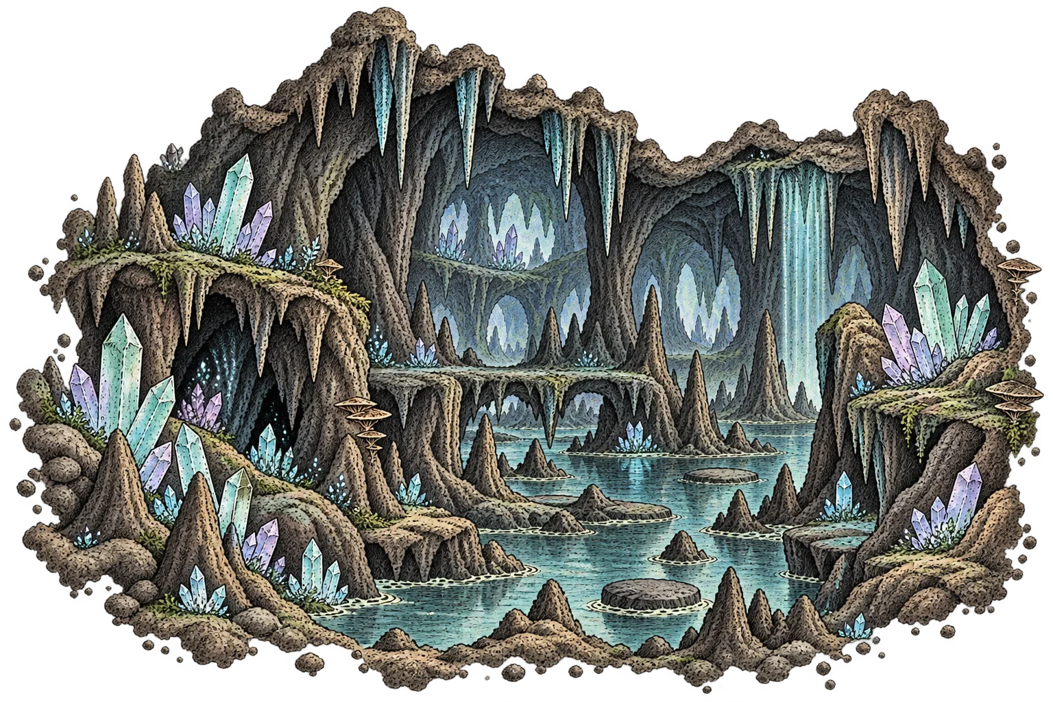 Dark cave with narrow rocky ledges, black water, roots and softly glowing violet crystals