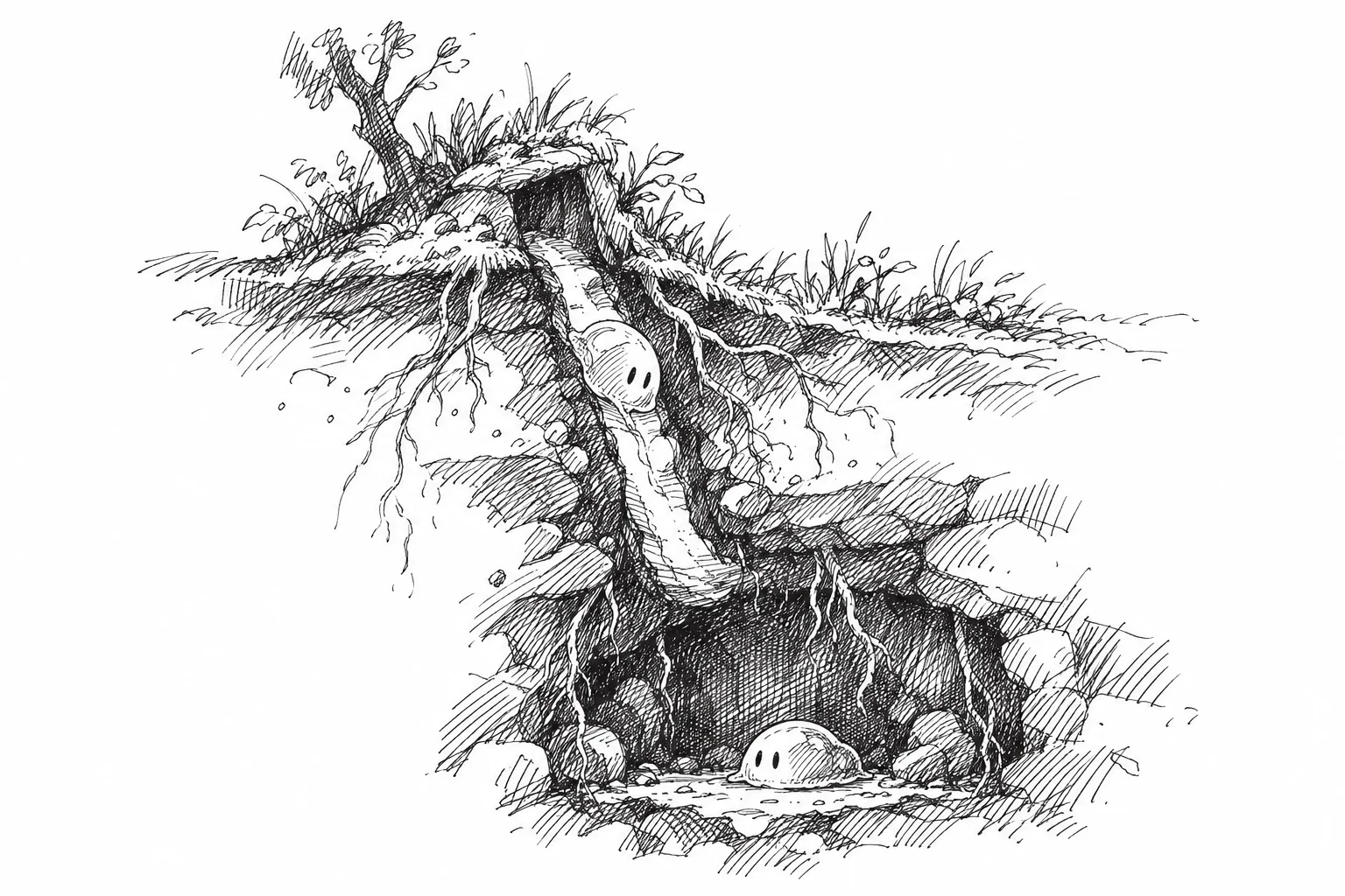 A slime descending from the entrance into an earthen chamber