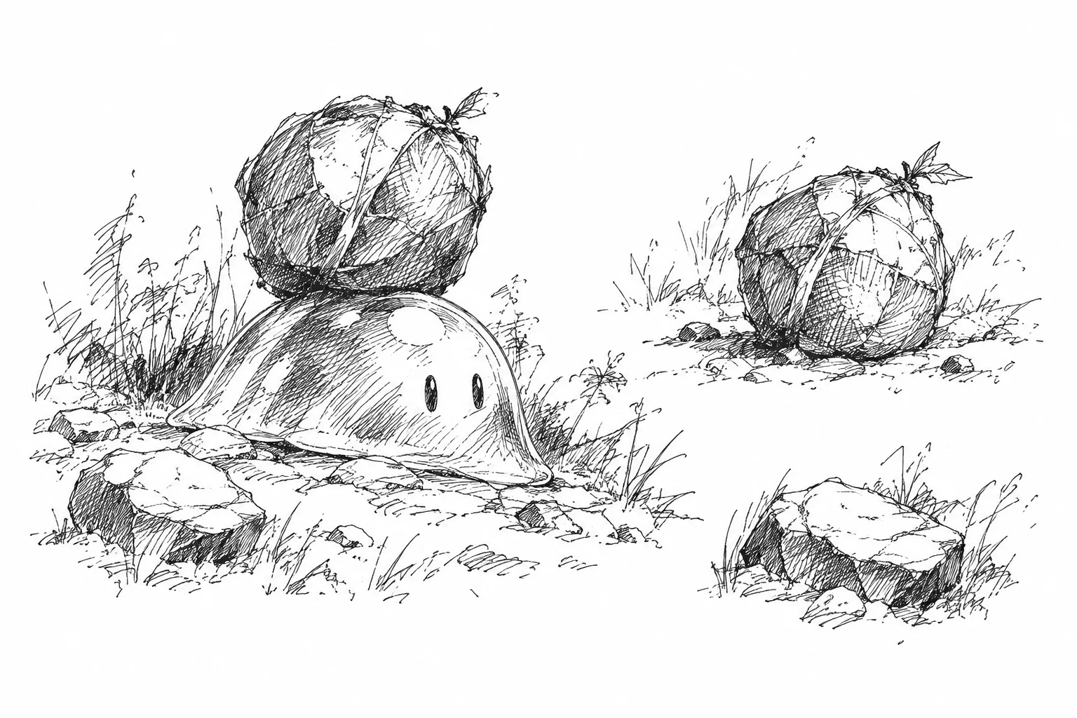 A slime carrying a food parcel beside a deposited portion