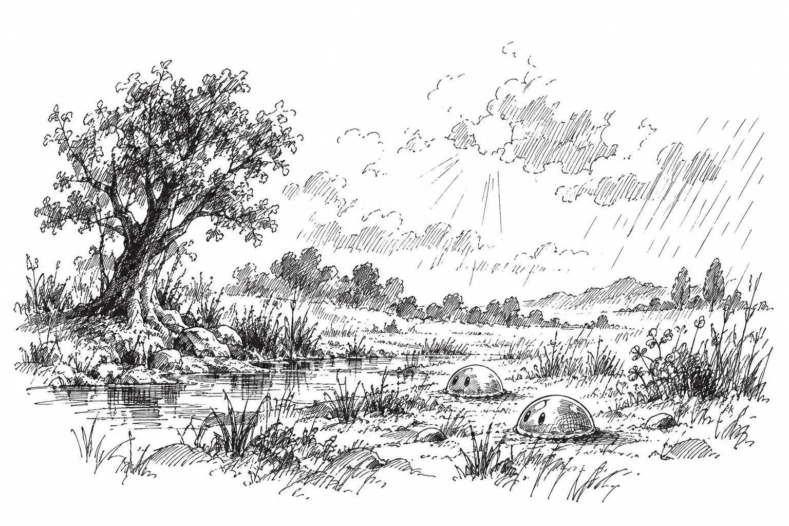 Open ground with water, sun and rain