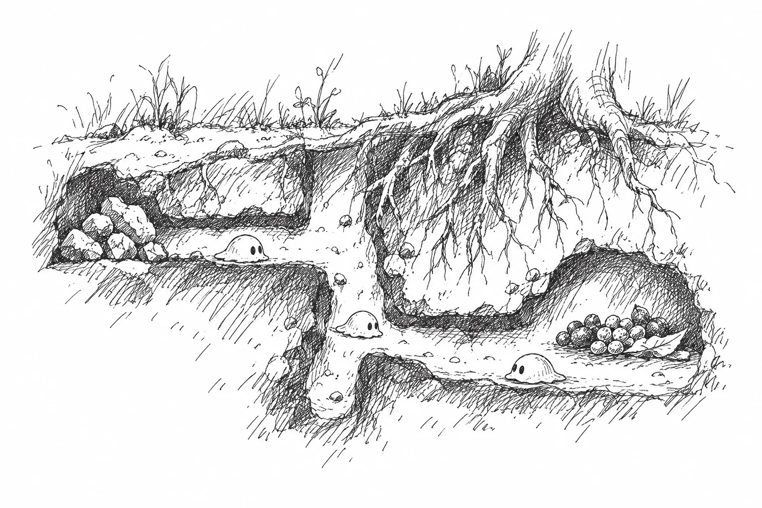 Excavated earthen galleries among roots and rocks