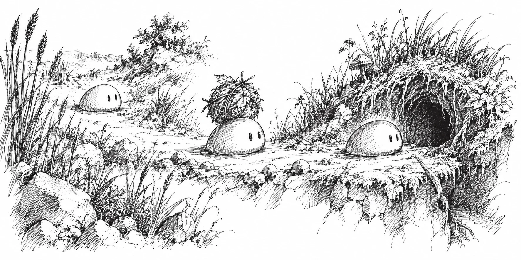 Pen study of several slimes taking different paths, one carrying a load