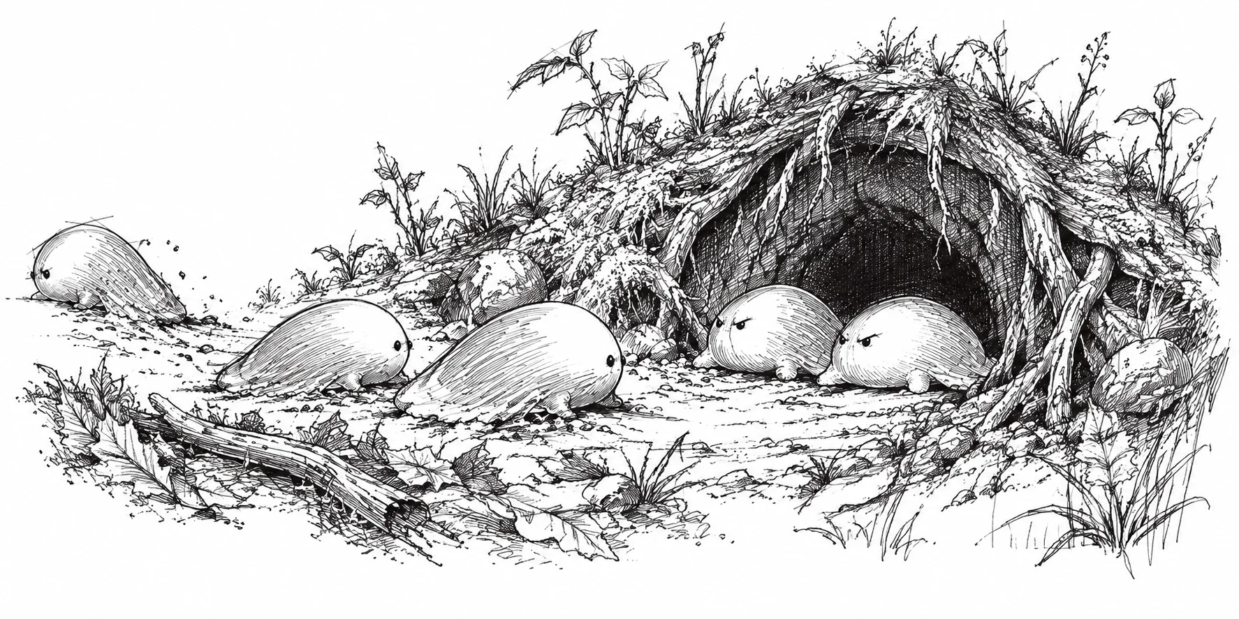 Pen study of a nest attack with attackers, defenders and a retreating slime