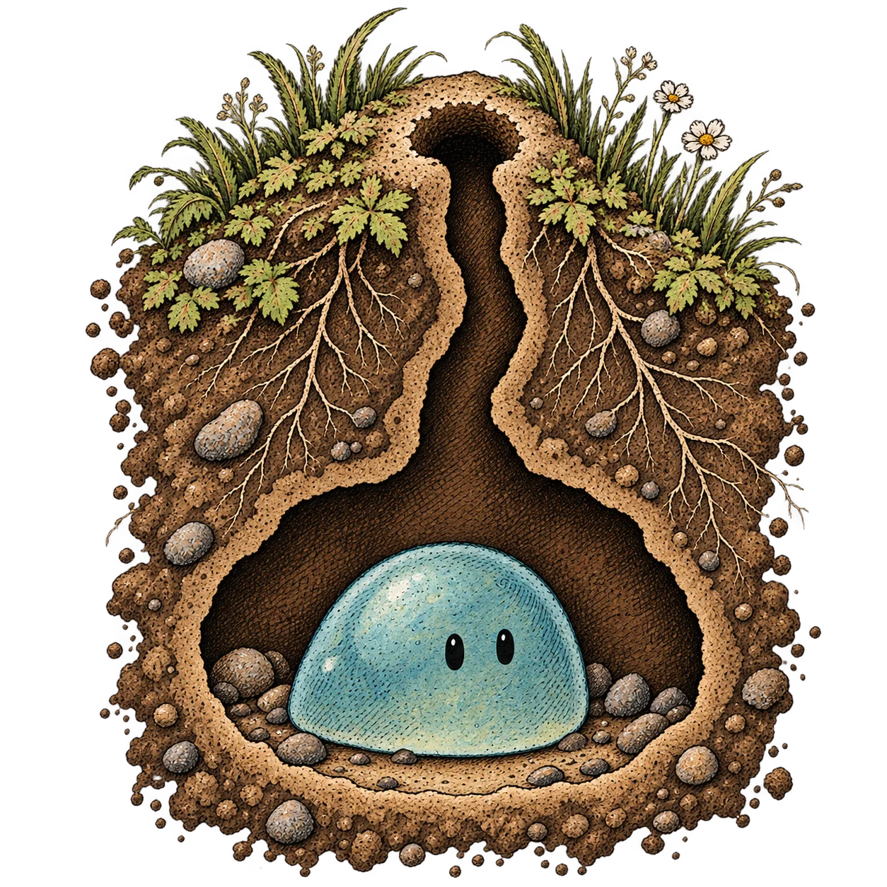 A blue slime resting in the chamber