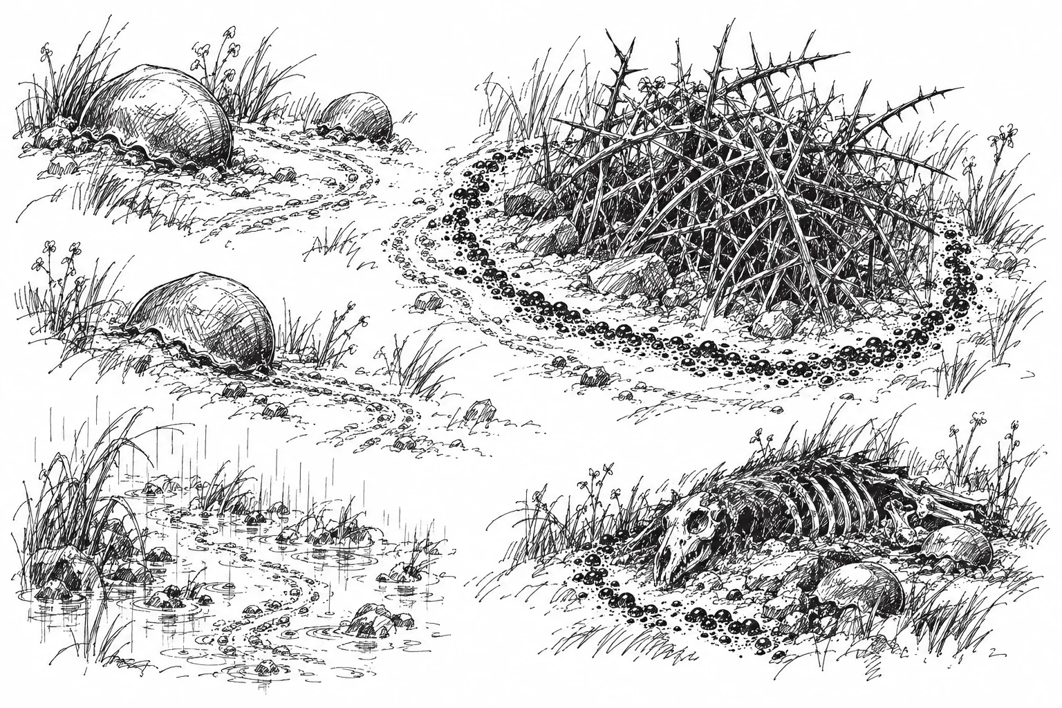 Pen study of slime tracks around thorns, faded scent marks and a decaying site of danger